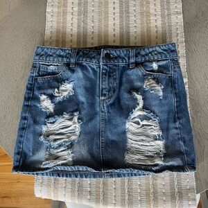 distressed jean mini skirt
